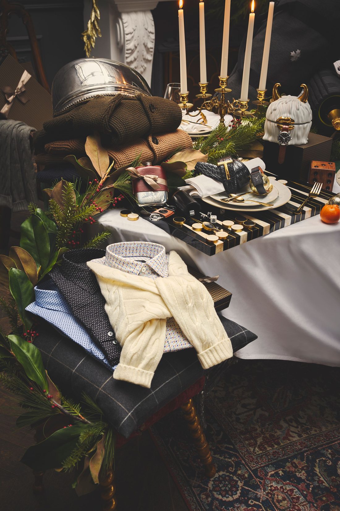 Holiday gift flat lay of classic tailoring and accessories, styled off-figure