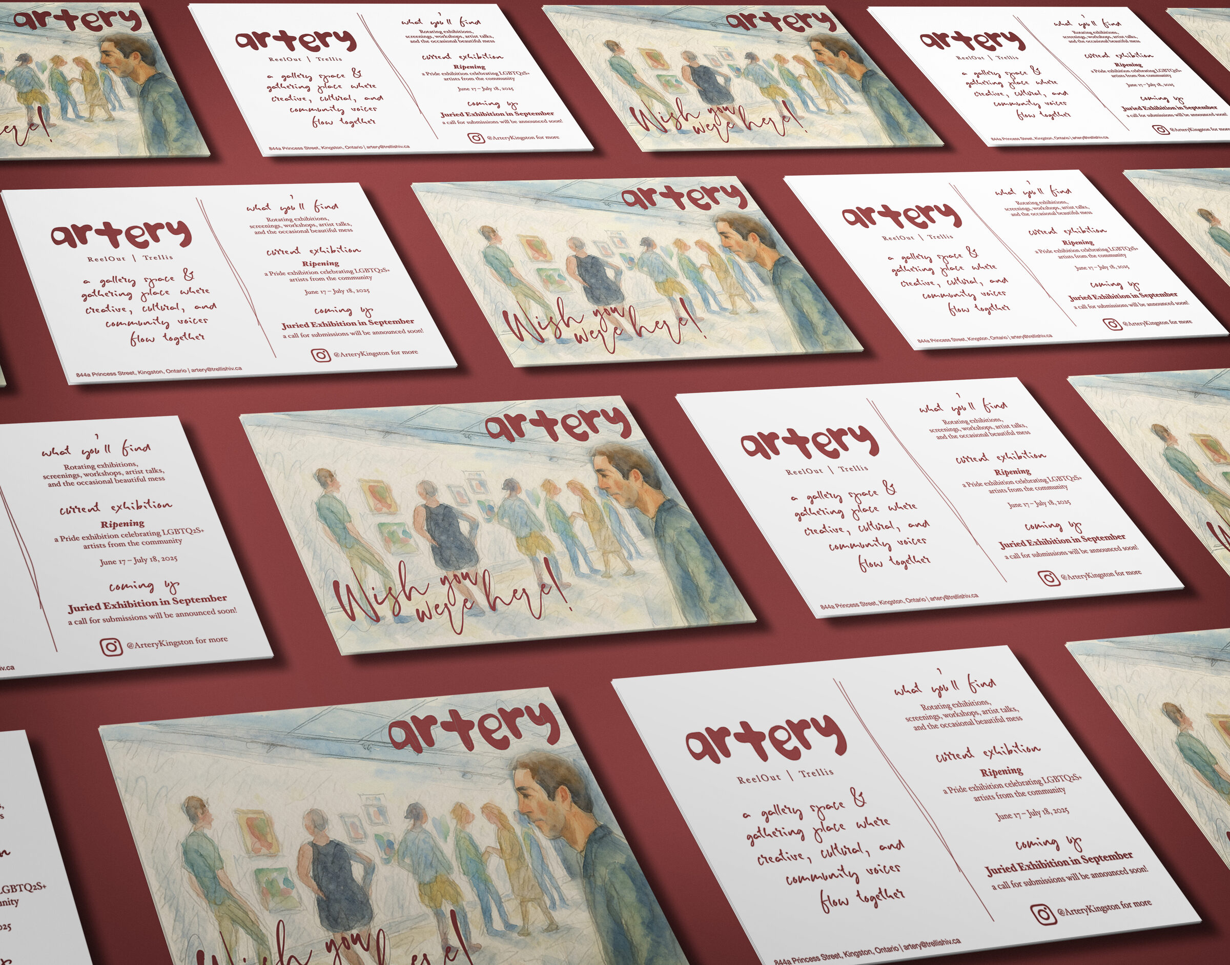 Artery postcards — front and back designs laid out on brand red surface