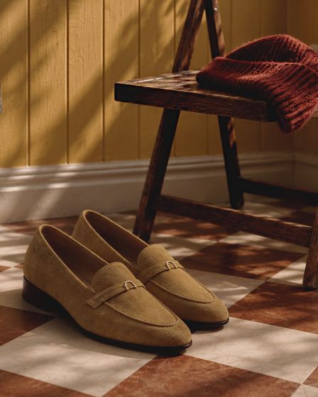 Suede Casa Tolentina loafers on a tiled floor, brand campaign photography