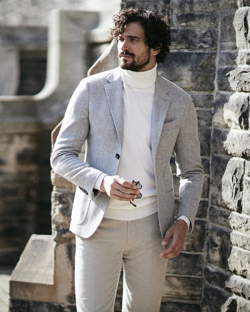 Paul Anthony Kelly in a Canali jacket, campaign photography produced on location